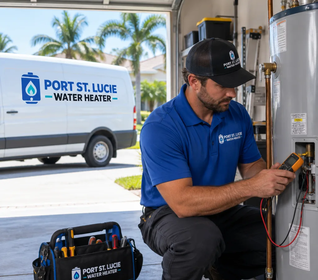 Technician inspecting a residential water heater in a Port St. Lucie garage
