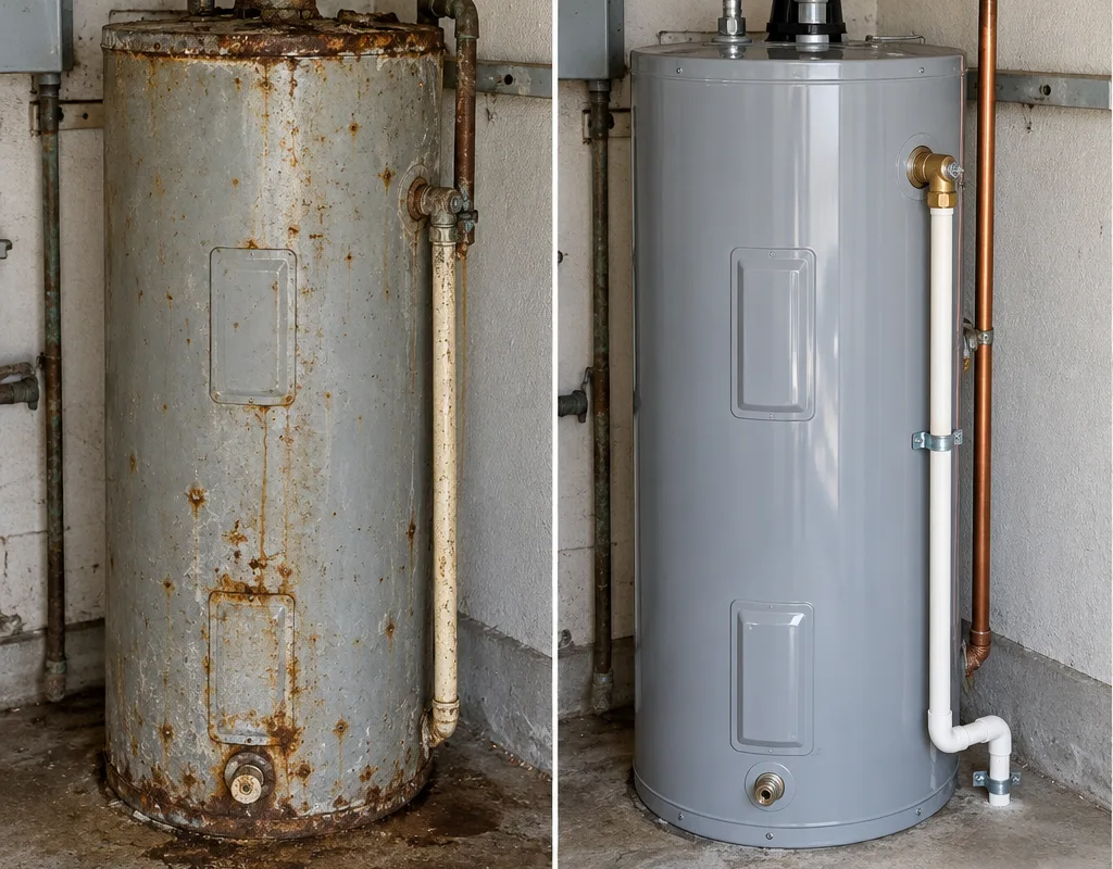 Older corroded water heater beside a new tank with updated shutoff and relief discharge line