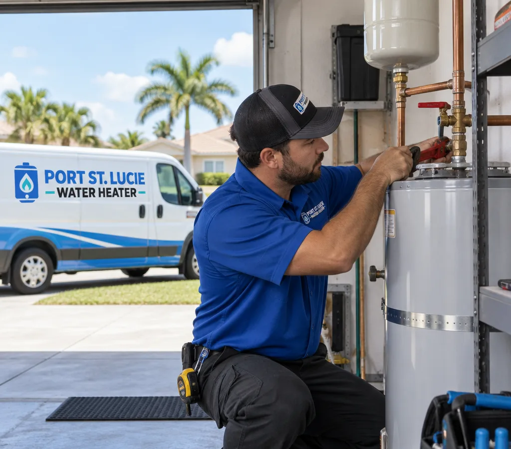 Plumber installing a residential tank water heater in a Port St. Lucie garage utility area