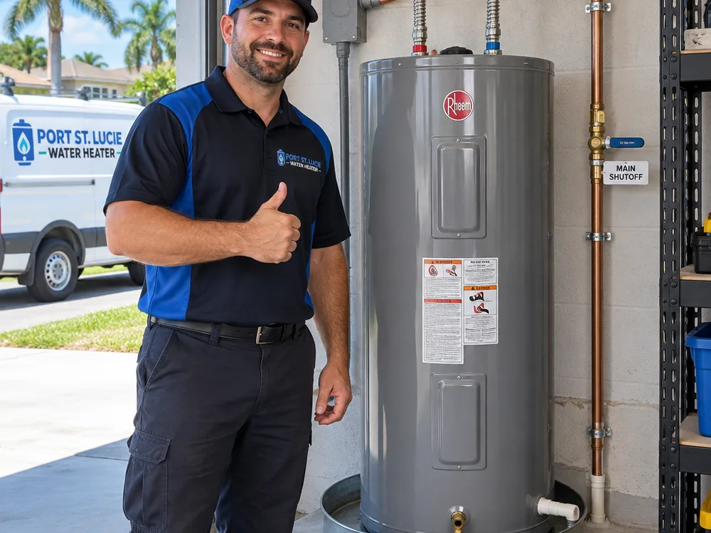 Completed electric tank water heater replacement with neatly aligned piping and labeled shutoff