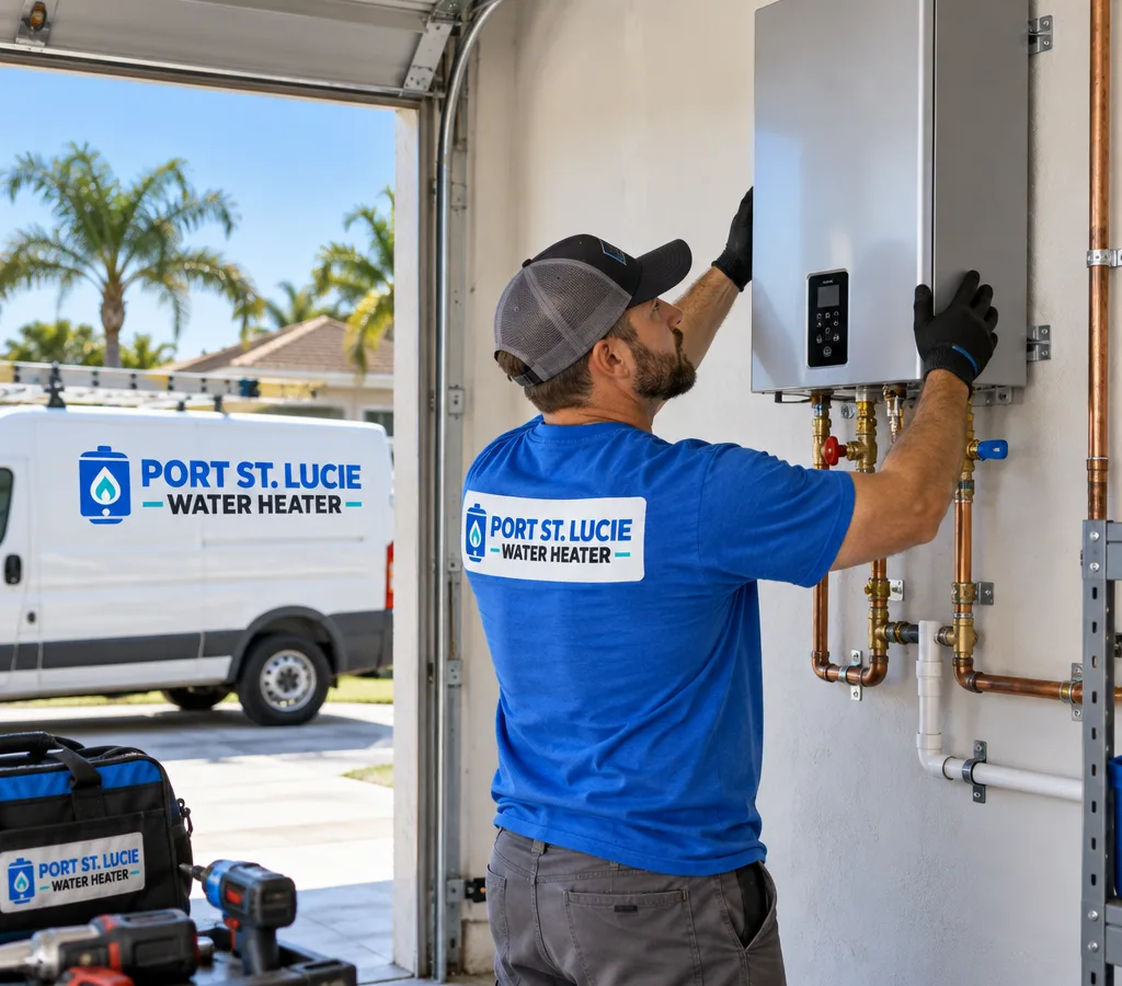 Technician mounting a wall-hung tankless water heater in a Port St. Lucie garage with visible isolation valves and condensate line