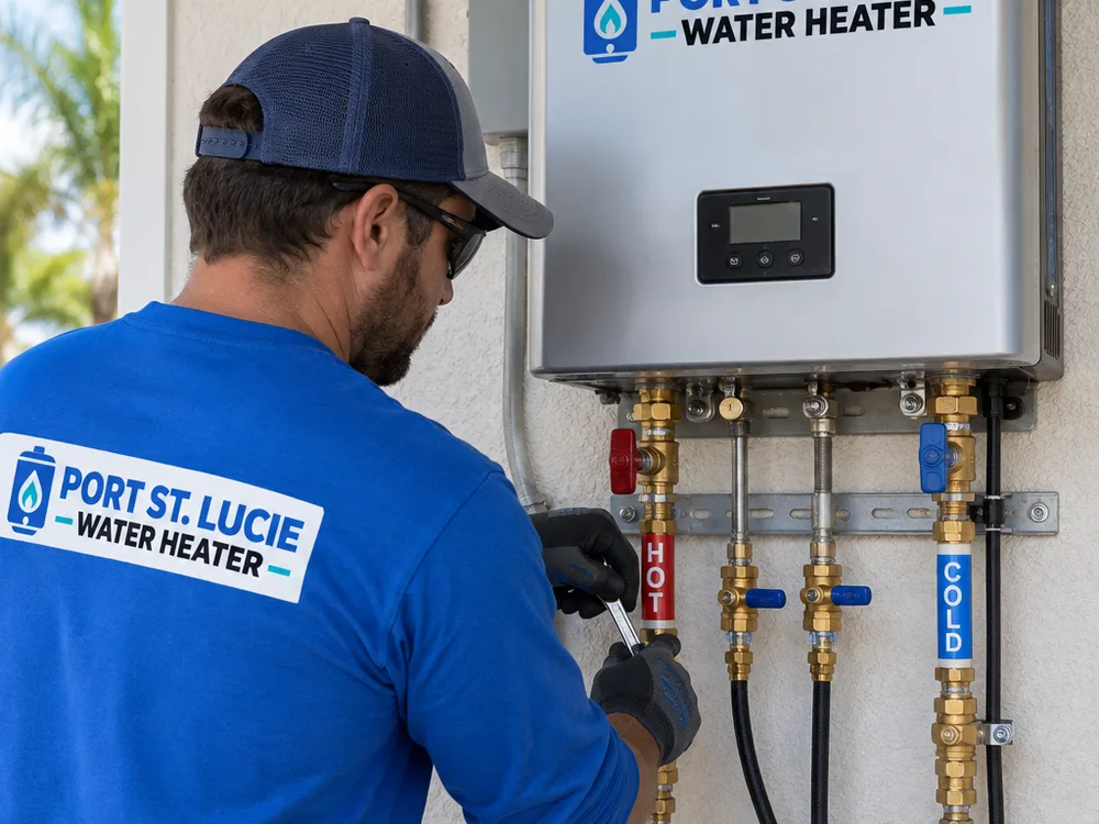 Tankless water heater with isolation valve kit, purge ports, and labeled hot and cold lines