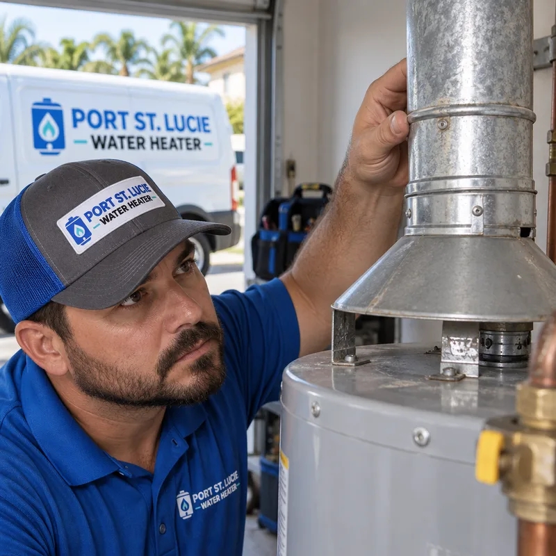 Technician inspecting a gas water heater draft hood and vent connector, including clearances and vent slope