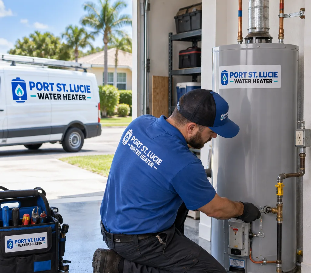 Technician setting a new gas water heater in a Port St. Lucie garage utility area with gas shutoff, vent connection, and water lines visible
