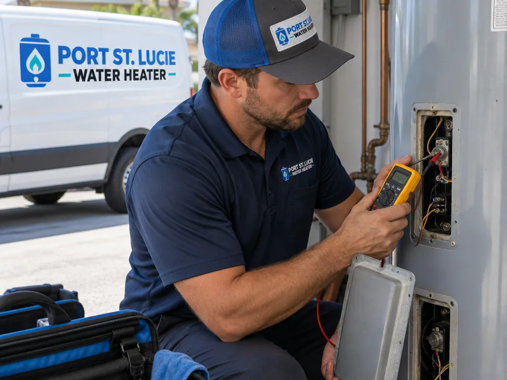 Technician testing electric water heater thermostat and heating element wiring with a multimeter