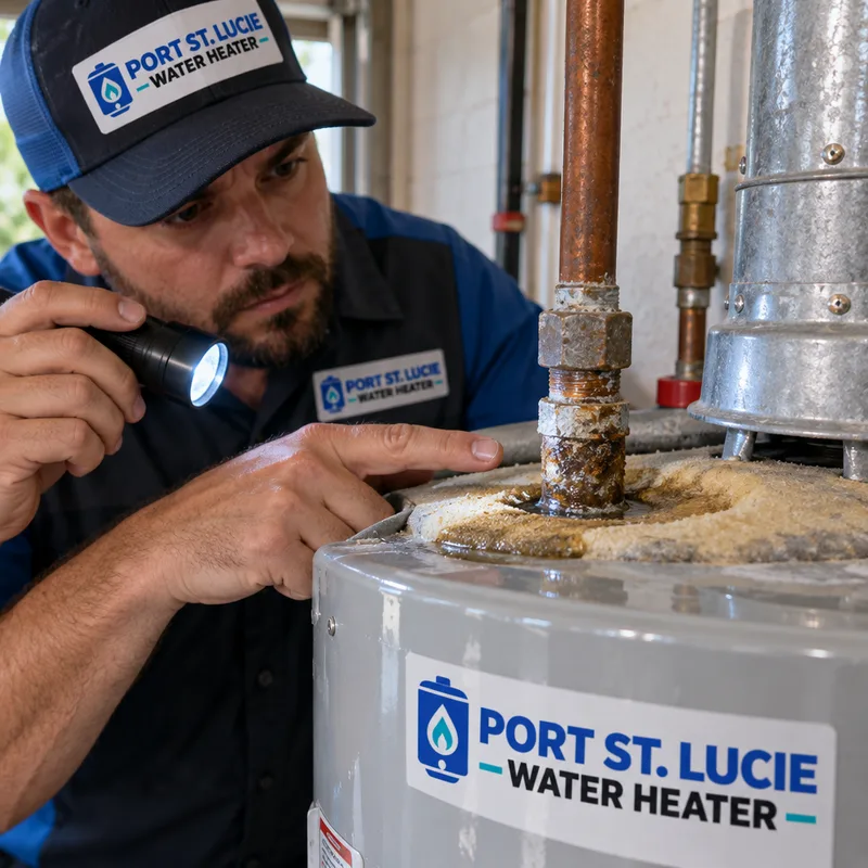 Corroded water heater top connection with damp insulation being inspected by flashlight