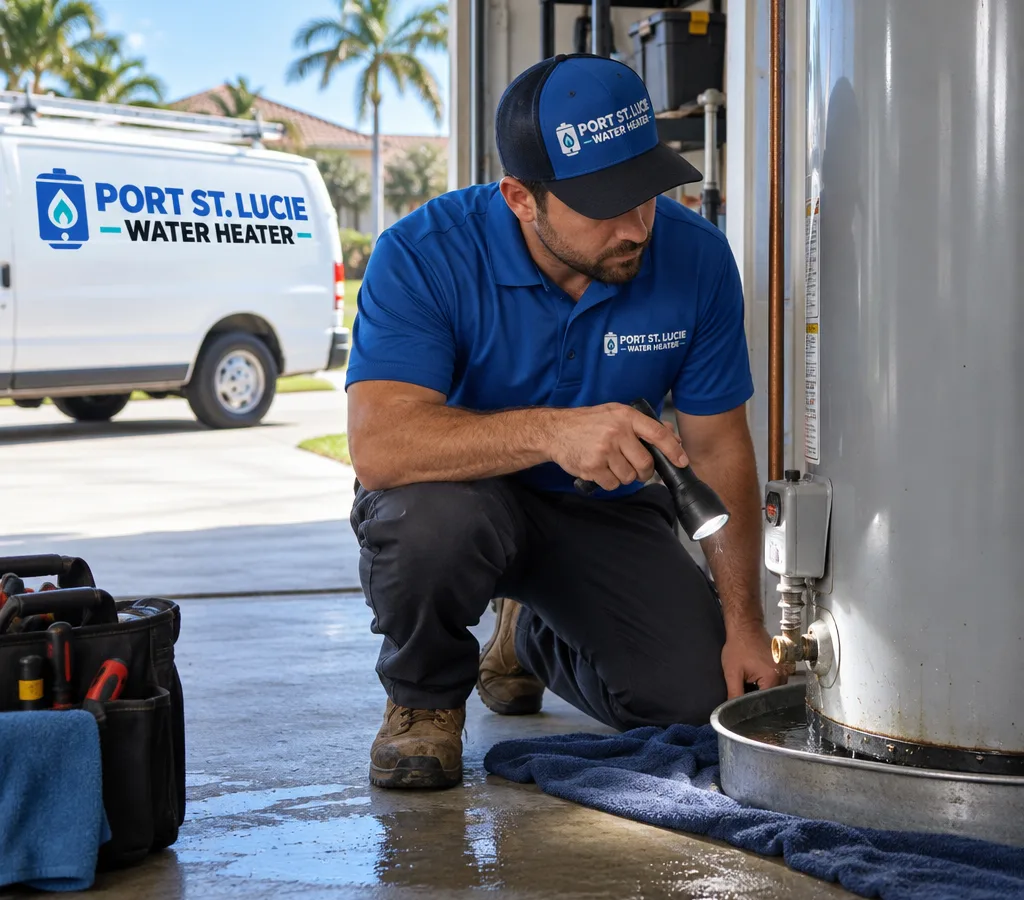 Technician tracing a leak beside a residential tank water heater with water in the drain pan