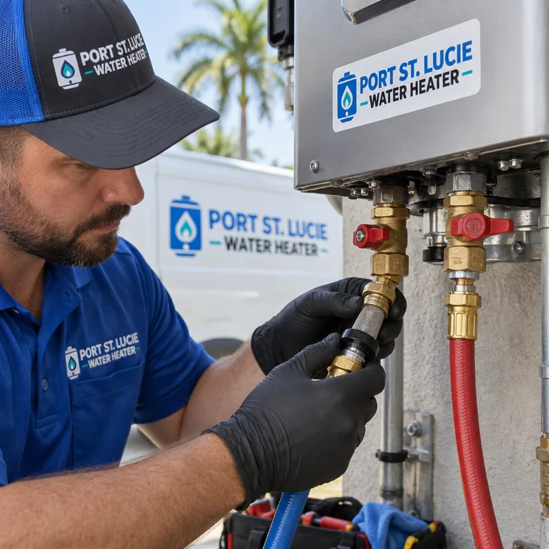 Close-up of service valves and flush ports on a commercial tankless water heater with hoses connected for diagnostics and maintenance
