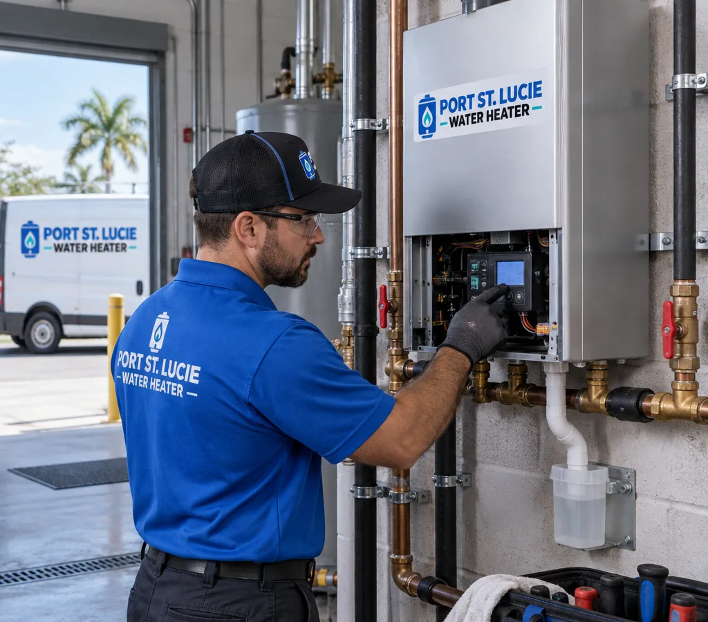 Technician troubleshooting a wall-hung commercial tankless water heater in a commercial mechanical room with visible isolation valves and condensate drain