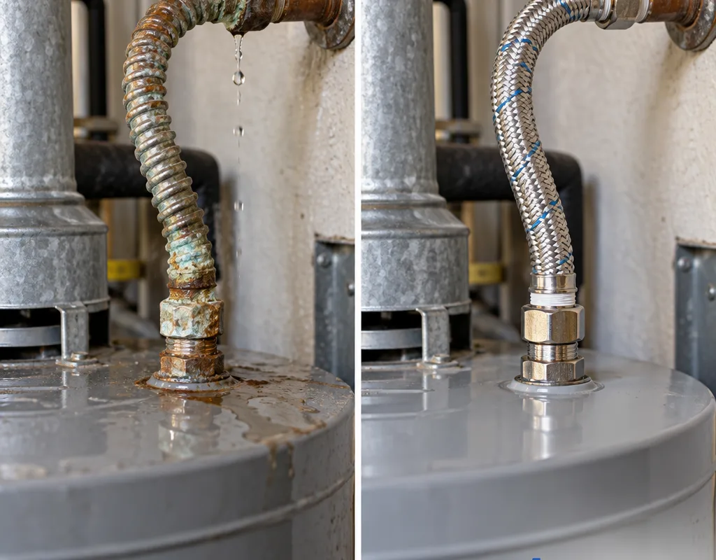 Before and after comparison of a corroded leaking connector and its clean replacement