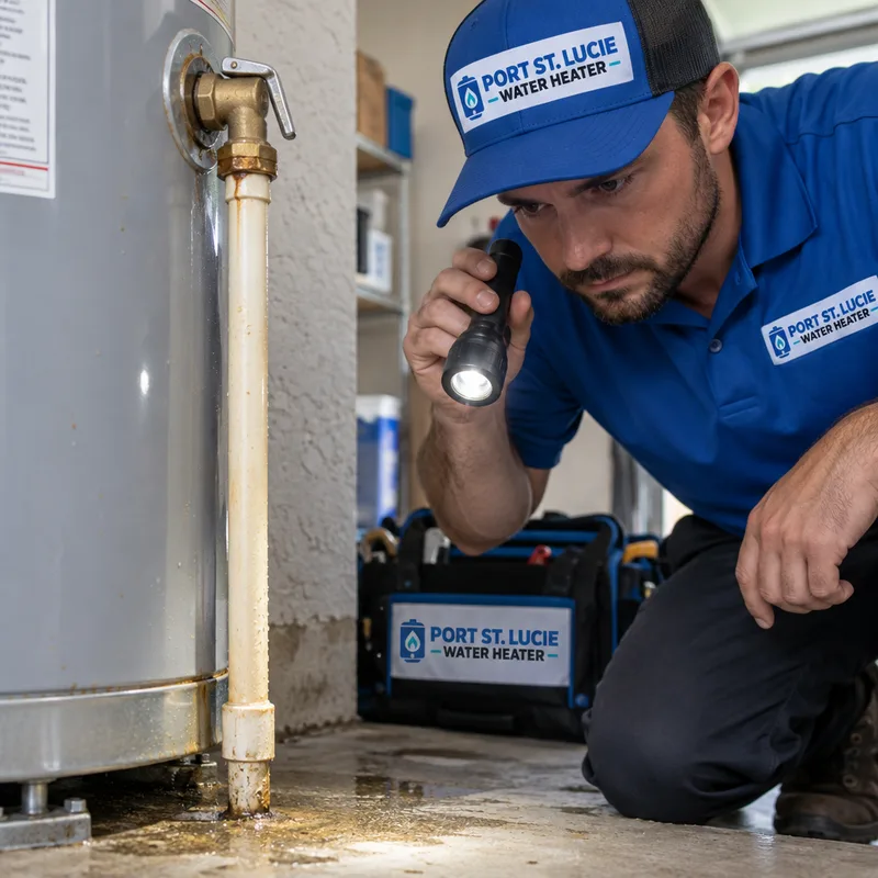 Technician inspecting moisture around a water heater relief valve and discharge pipe