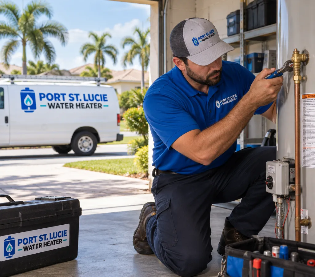 Technician inspecting a residential water heater in a River Park garage