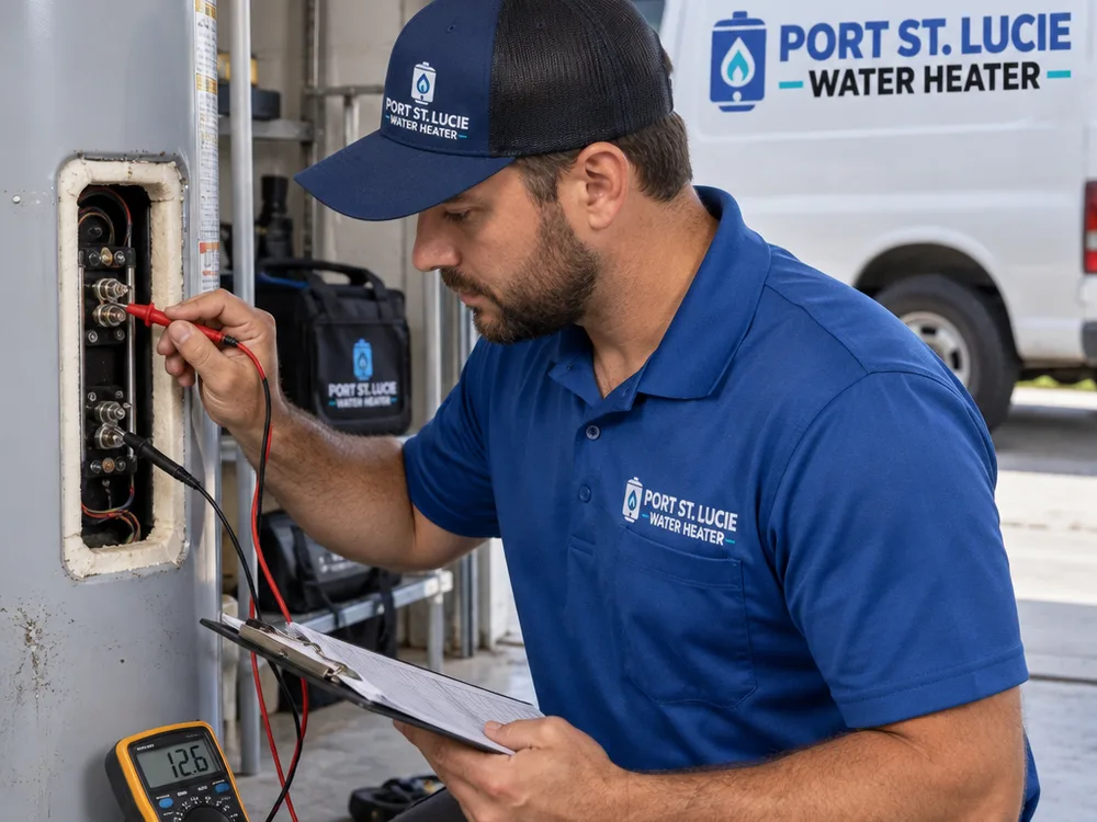Technician testing electric water heater elements with a multimeter