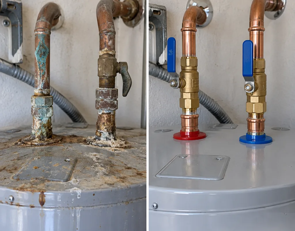 Before and after view of corroded water heater connections replaced with clean fittings and shutoff