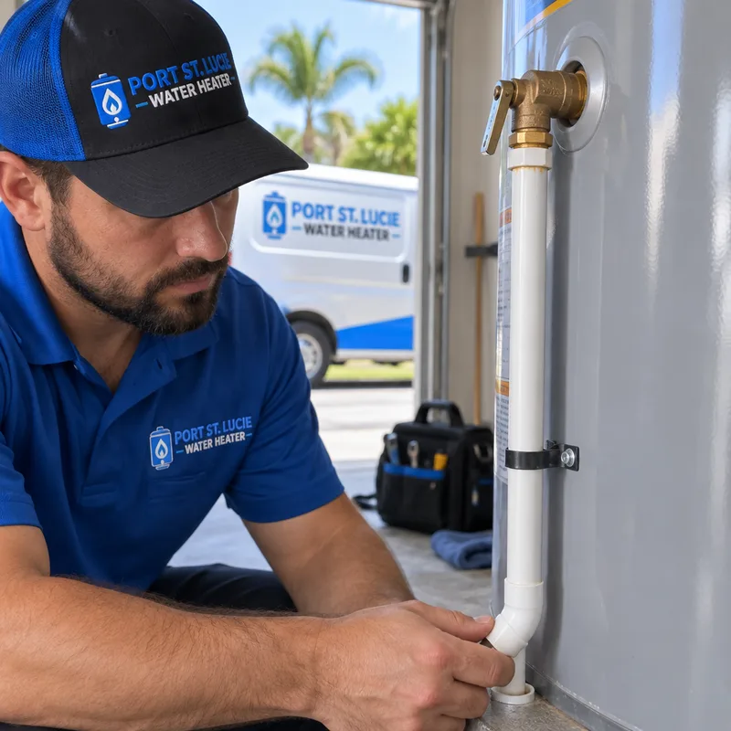 Correctly installed water heater relief valve discharge pipe routed downward