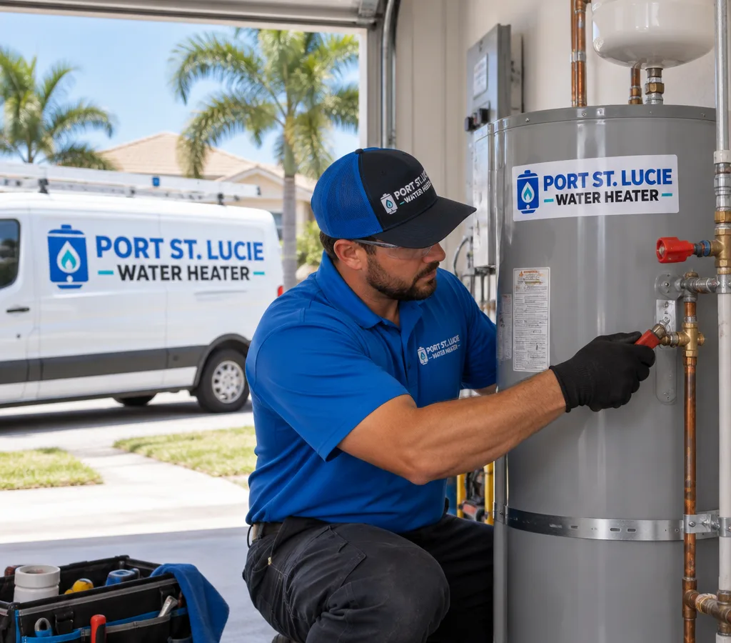 Plumber installing a residential tank water heater in a clean Florida garage utility area