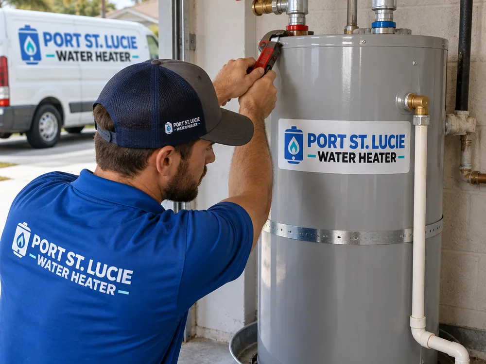 New water heater connections with shutoff valve, relief discharge piping, and drain pan