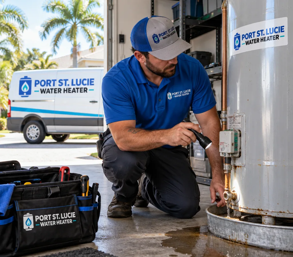 Technician inspecting a leaking water heater in a Florida garage utility area