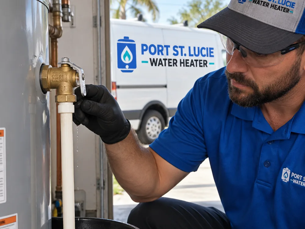 Technician checking a water heater pressure relief valve and connections for an active leak