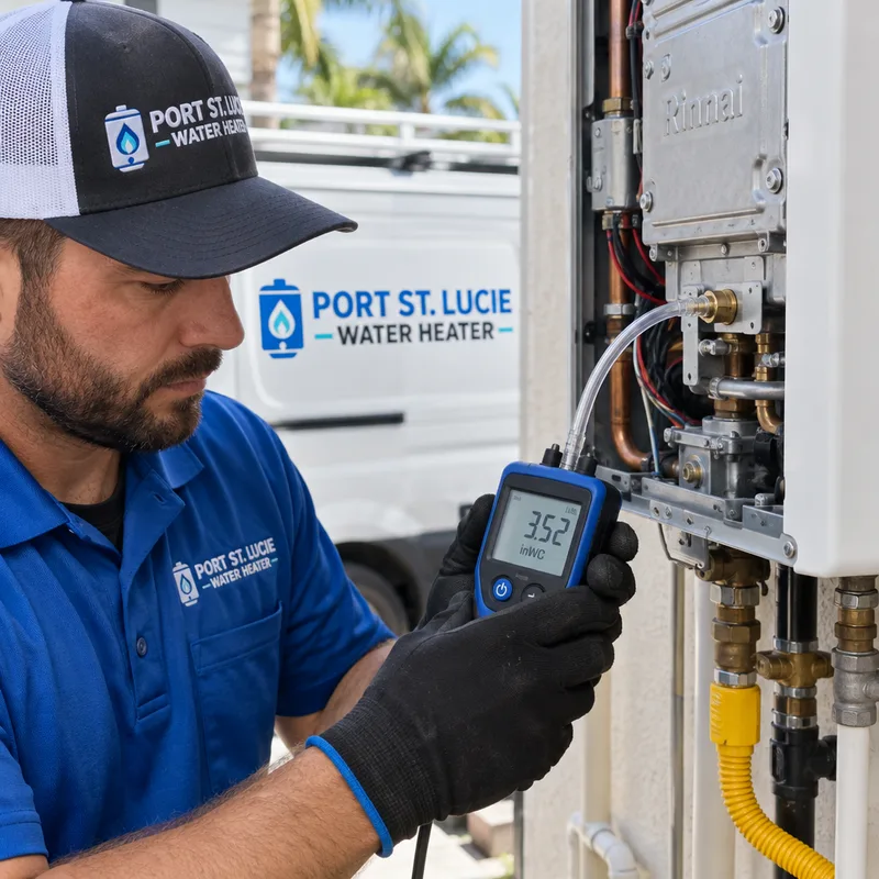 Technician measuring gas pressure at a tankless water heater test port with a manometer