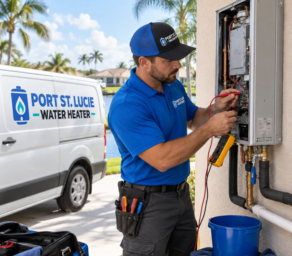 Technician diagnosing an open wall-mounted tankless water heater with meter leads and protective towels in place