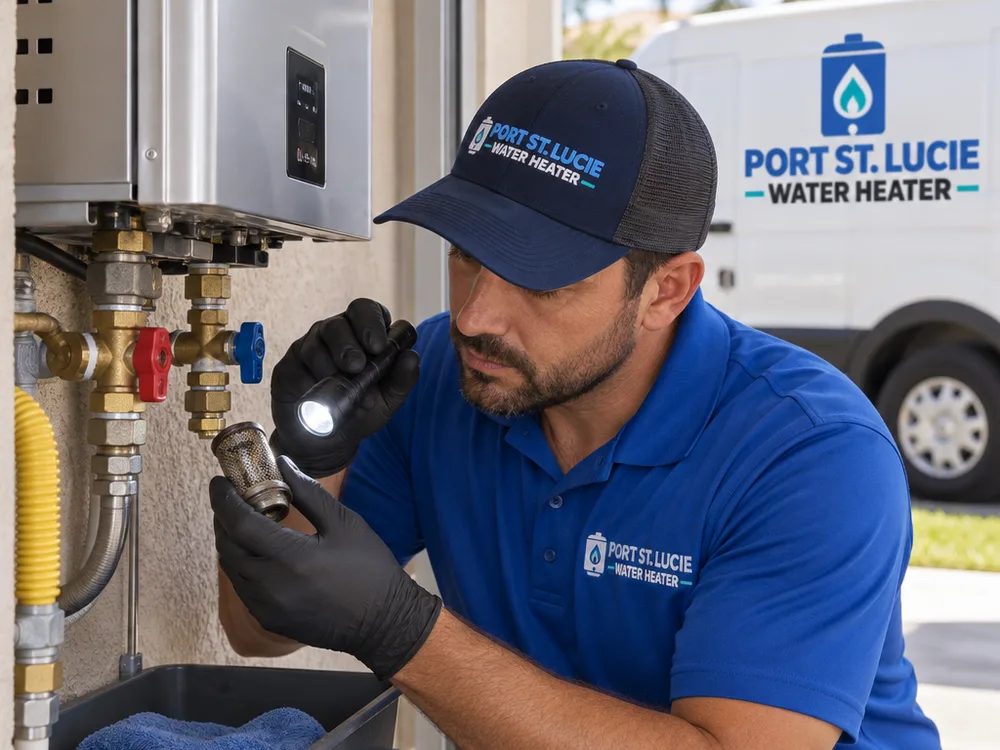 Technician cleaning a tankless water heater inlet screen and inspecting service valves over a catch pan