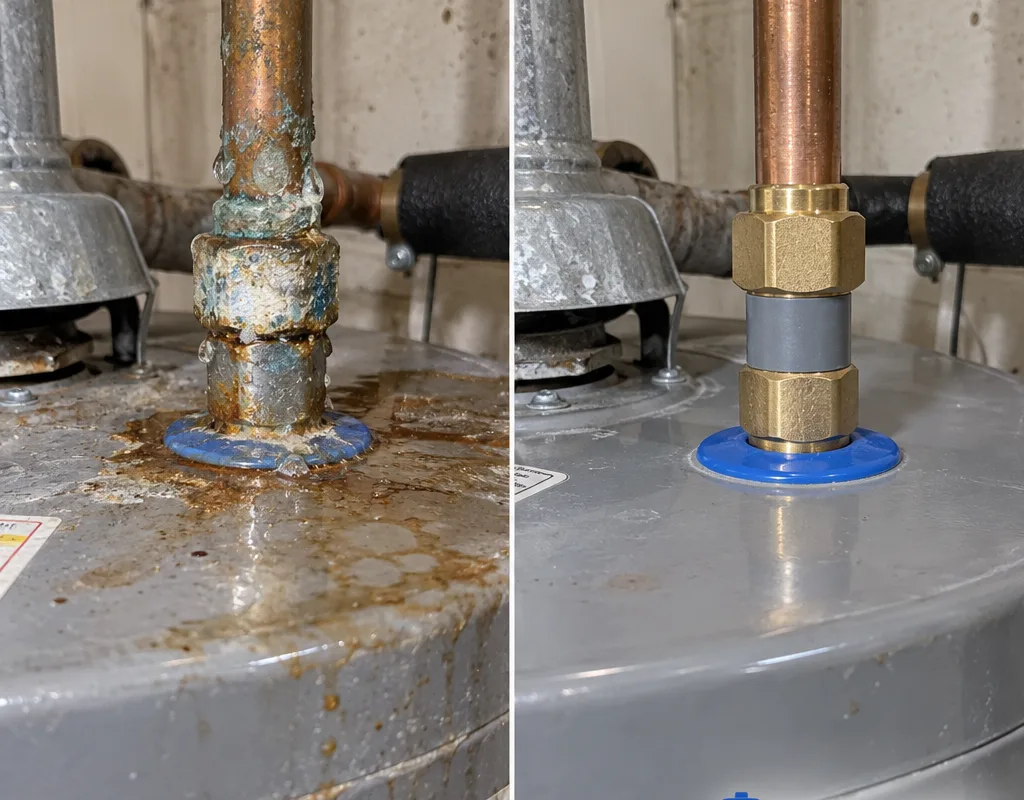 Before and after water heater inlet repair showing a corroded leaking connection replaced with clean dry piping