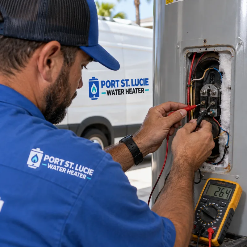 Technician testing an electric water heater heating element with a multimeter while the access panel is removed