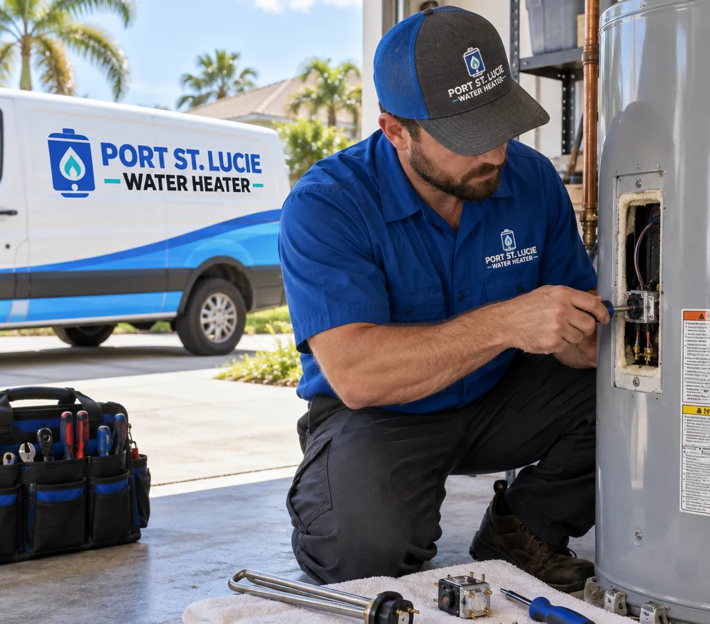 Technician repairing a residential tank water heater in a Florida garage with testing tools and replacement components