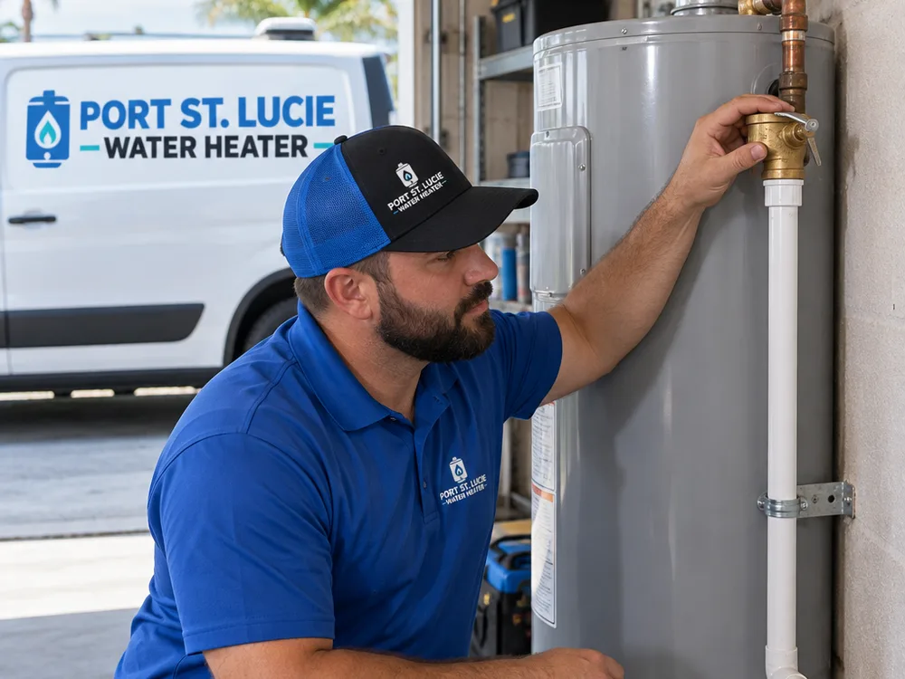Replaced temperature and pressure relief valve with properly routed discharge pipe on a residential water heater