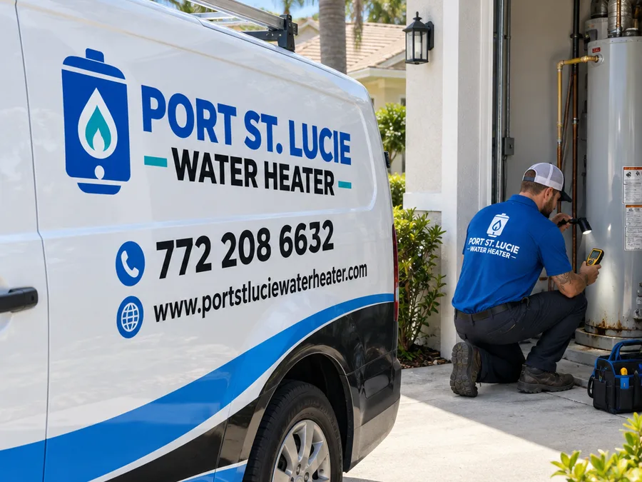 Technician checking a water heater for active leaks and corrosion