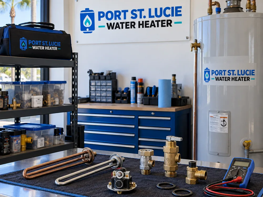 Organized water heater repair parts, tools, valves, thermostats, and test equipment